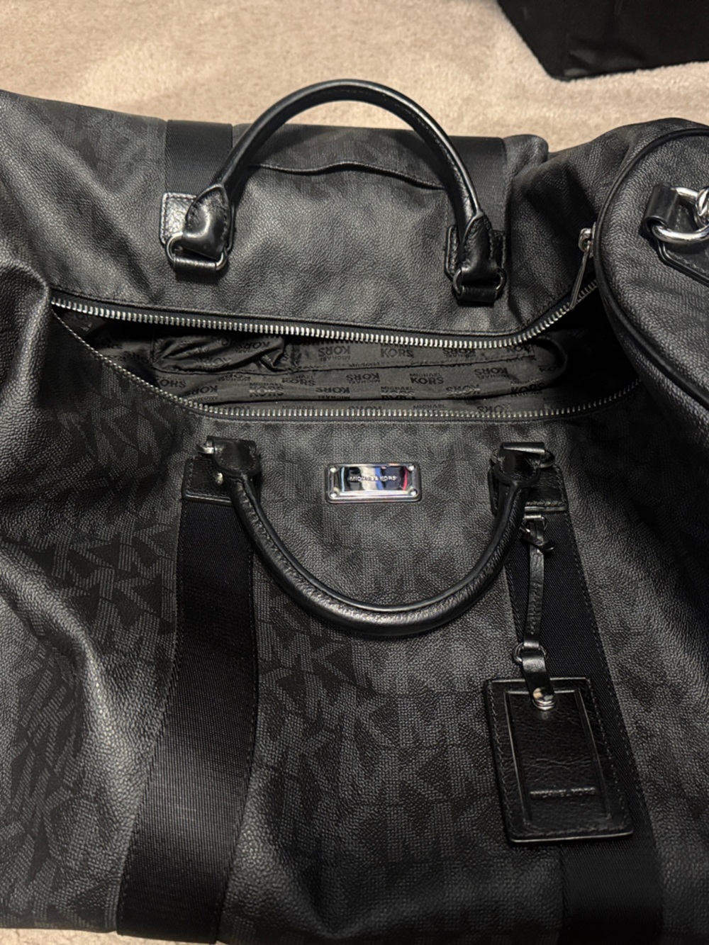 Michael Kors Black Monogram Leather-Trim Duffel Bag